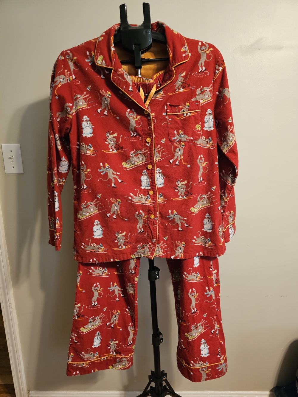 Nick & Nora Women's M Flannel Pajama Set 100% Cotton Red Sockmonkey Pockets